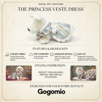 Robe de princesse impériale de luxe pour animaux de compagnie, personnalisée, en tissu jacquard doré en coton, avec pompons en fourrure moelleuse et jupe en dentelle superposée pour chiens et chats