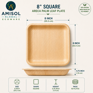 Plato desechable cuadrado de 8 pulgadas de hoja de palma Areca para el almuerzo |   Plato de Catering Resistente, Compostable y Ecológico - Product Image 1