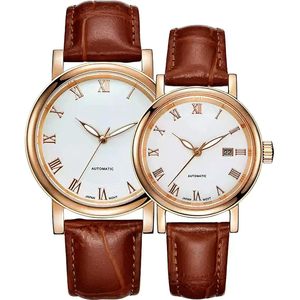 <b>Couple</b> Automatic Mechanical Water Resistant Crystal Roman Dial Leather Strap Unisex <b>Watch</b> - Product Image 1