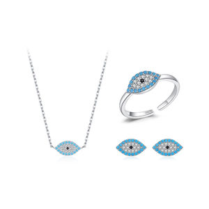 Clásico mal de ojo joyería de plata conjunto de tres piezas accesorios de mujer collares pendientes anillo abierto plata 925 joyería - Product Image 1
