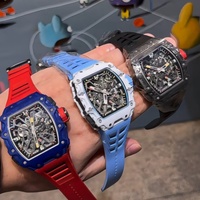 Montre squelette Hip-hop RM Style Tonneau 3503, boîtier en fibre de carbone, cadran lumineux, bracelet en caoutchouc, mouvement Hangzhou, charme masculin
