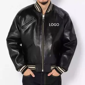 OEM Custom Design High Quality Embroidery Black Baseball Leather Jacket Bomber Letterman Men Zip Up Varsity Jacket