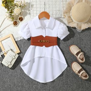 Robe chemise ample à col rond et revers, unie, à manches courtes, style été, pour filles, avec ceinture en PU - Product Image 3