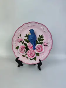 Creative High Quality Blue Bird Pink Flowers Plate With Stand For Home Table Gifts Decoration No Stand