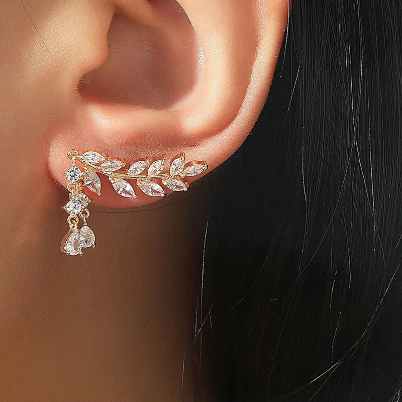 00194-4 Japanese and Korean Fashion Summer Fresh Super Sparkling Light Luxury Zircon Leaf Tassel Water Drop Earrings