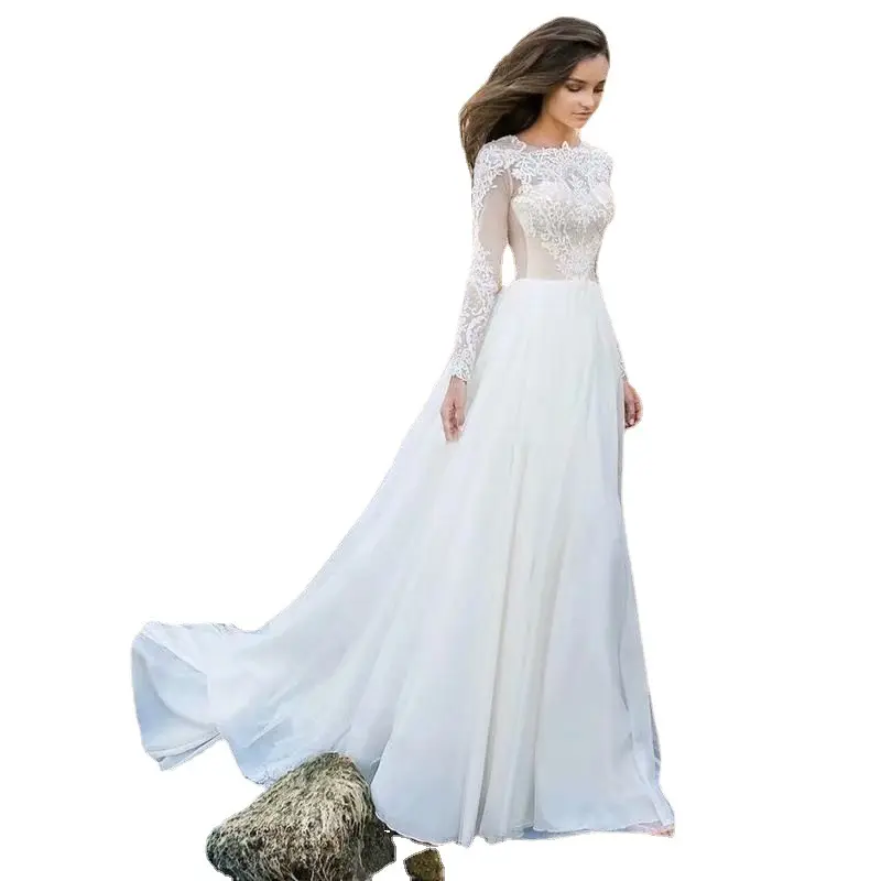 Elegant Simple Chiffon Lace Long Sleeve White Bride Dresses Beach Muslim Wedding Dresses