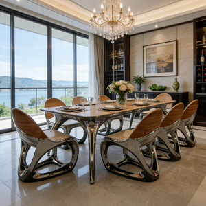 Set di Sedie e <span class=keywords><strong>Tavolo</strong></span> da Pranzo Moderno e Lussuoso in Fibra di Vetro, Sedie con Piano in Vetro Dorato Rotondo o Rettangolare per Matrimoni ed Eventi - Product Image 2