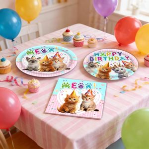 80 pièces de décorations d'anniversaire pour chat, ensemble complet de vaisselle en papier comprenant assiettes, gobelets, serviettes, décorations de fête d'anniversaire sur le thème du chat - Product Image 2