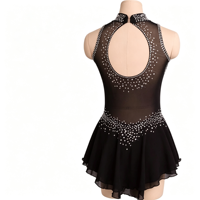 Robe de patinage artistique noire à col montant sans manches, ornée de strass épais en maille pour la compétition et les spectacles des filles adultes