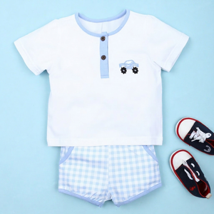 Customizable Luxury White Cotton Baby Blue Gingham Clothing Applique Set Handmade Embroidery OEM ODM Boy's <b>Animal</b> <b>Pattern</b> - Product Image 1