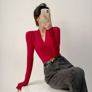 <span class=keywords><strong>Maglietta</strong></span> a maniche lunghe <span class=keywords><strong>nera</strong></span> da donna, slim fit, scollo a V, tinta unita, traspirante, stile casual chic, autunno/inverno - Product Image 2
