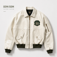 Blouson universitaire en cuir blanc personnalisé, broderie de patchs tissés sur mesure, blouson aviateur pour homme, streetwear, moto, fabricant OEM
