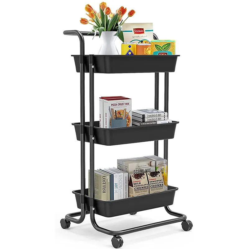 Easy Assemble 3 Tier Rolling Trolley Plastic Utility Serving Storage Cart Sturdy Storage Organizer Rack With Handles