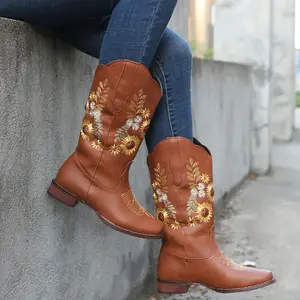 Сапоги до колена в Западном ковбойском стиле ковбойские ботинки с высоким голенищем, обувь для женщин