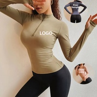 Hauts de yoga à manches longues avec fermeture éclair athlétique pour femmes en gros chemise de sport d'entraînement coupe ajustée légère sans couture avec trous pour les pouces