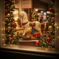 Boîte cadeau KW Cheval à bascule et ours en peluche de Noël - Ornement de table festif en résine de style européen, finition naturelle écologique