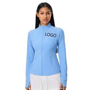 Chaqueta de Yoga para <span class=keywords><strong>Mujer</strong></span>, Color Sólido, Transpirable, de Spandex, Cuello Redondo, Cierre Completo, Larga, para Gimnasio - Product Image 1