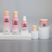 120ml 100ml 40ml Mattierte Farbverlauf-Glasflasche in Rosa, Zylindrisch, für Kosmetik-Lotionen, mit T-förmigem Holzmaserungsdeckel für Hautpflege