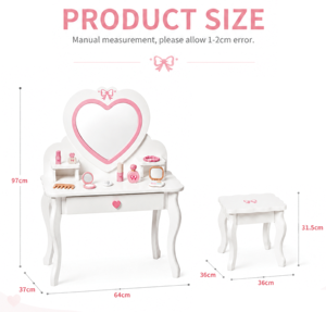 Grande Toeletta Principessa in Legno Bianco con Specchio, Cassetto e Portagioie per Bambine, Gioco Educativo per Bambini - Product Image 5