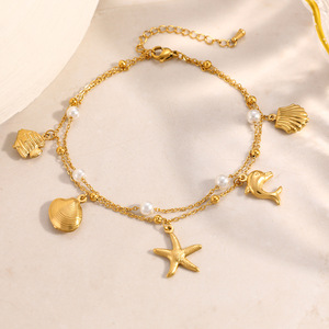 Tobillera de Doble Capa con Temática Oceánica, con Dijes de Perla, Concha y Estrella de Mar, Chapada en Oro, de Acero Inoxidable, Estilo Vacaciones en la Playa para Mujer - Product Image 4