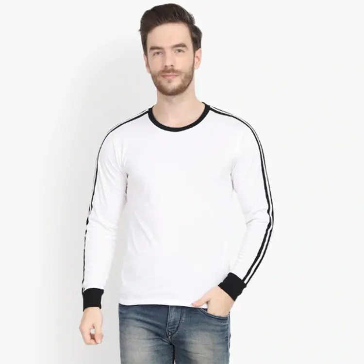 T-shirt à manches longues pour hommes, modèle 100%, col ras du cou, avec détail rayé, livraison rapide, approvisionnement en coton, vente en gros