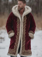 Vente en gros usine Laise Manteau long à capuche pour homme en polyester, style robe de Père Noël, avec bordure en fausse fourrure et motif de poignets celtiques, pour fête de Noël