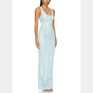 فساتين سهرة أنيقة ماكسي ضيقة محاكة بالترتر الأزرق الفاتح مناسبة للحفلات والعطلات الصيفية - Product Image 3