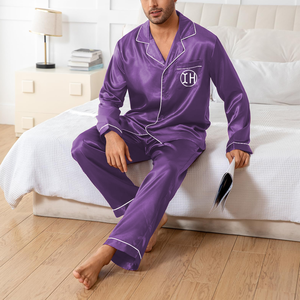 Ensembles de pyjamas en satin de soie ODM OEM pour <span class=keywords><strong>homme</strong></span>, <span class=keywords><strong>chemise</strong></span> à manches longues <span class=keywords><strong>et</strong></span> <span class=keywords><strong>pantalon</strong></span>, ensemble 2 pièces, vêtements de détente doux, respirants <span class=keywords><strong>et</strong></span> lisses avec poche - Product Image 6