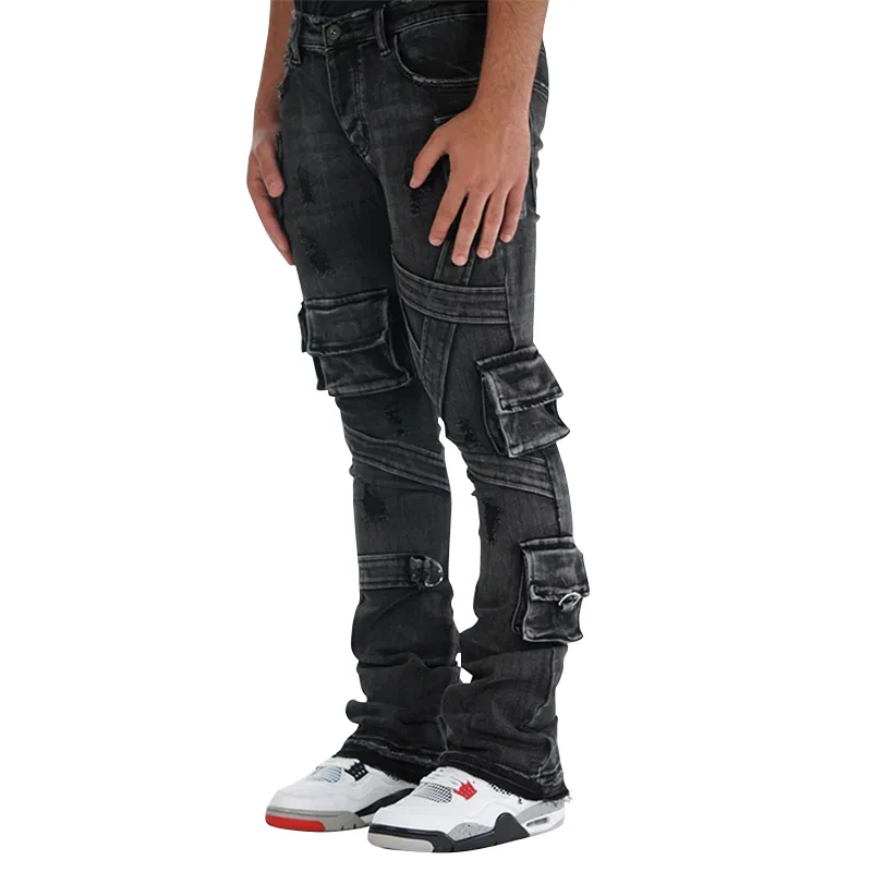 DENIM Best custom cargo pocket black stacked men bootcut jeans stack leg jeans stacked streetwear jeans men