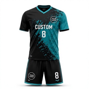 ชุดฟุตบอลแบบกำหนดเอง สีดำ-เขียวอมฟ้า พิมพ์ลายแบบ Sublimation คอวี แขนสั้น ระบายเหงื่อได้ดี สำหรับผู้ใหญ่ ชุดแข่งฟุตบอลชาย - Product Image 1