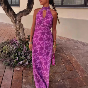 Robe longue à imprimé floral, col halter, taille naturelle, dos nu, respirante, robe de soirée - Product Image 3