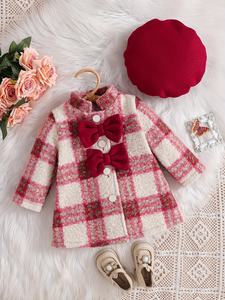 Cute Baby Girl Korean Winter Warm Long Printed Check Padded Coat Wine Red Bow Decorative Button Design with Beret for <strong>Toddler</strong> - Product Image 1