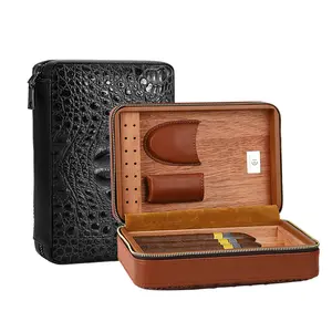 Cá Sấu Ridge Cigar Humidor xách tay da bò da Cigar dây kéo trường hợp Cigar Travel trường hợp