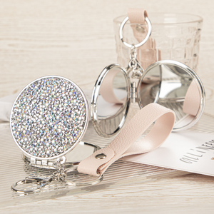 Bling Rhinestone Round <b>Compact</b> <b>Mirror</b> Keychain Leather Strap Silver Electroplated Dual Sided HD Glass Pocket <b>Mirror</b> Gift - Product Image 1