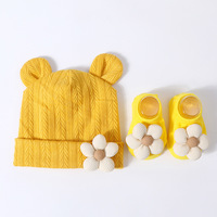 Conjunto de Gorro y Calcetines de Algodón y Poliéster con Diseño Floral de Color Sólido Unisex para Bebés de 0 a 12 Meses, Gorro para Recién Nacidos para las Cuatro Estaciones