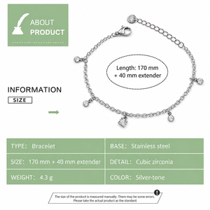 Dangling Cubic Zirconia <b>Charm</b> <b>Bracelet</b>, Stainless Steel Fine Chain with Round and Cluster Drops, Gold and <b>Silver</b>-Tone Options - Product Image 2