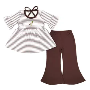 RTS Bébé Filles En Gros Toddler Chasse Canard Broderie Tunique Tops Marron Coton Cloche Pantalon Boutique Tenues Ensembles De Vêtements