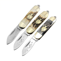 Couteau de poche pliant mini haut de gamme DIY OEM en acier Damas/acier allemand, lame Drop Point, manche en os d'antilope naturel pour le camping en extérieur