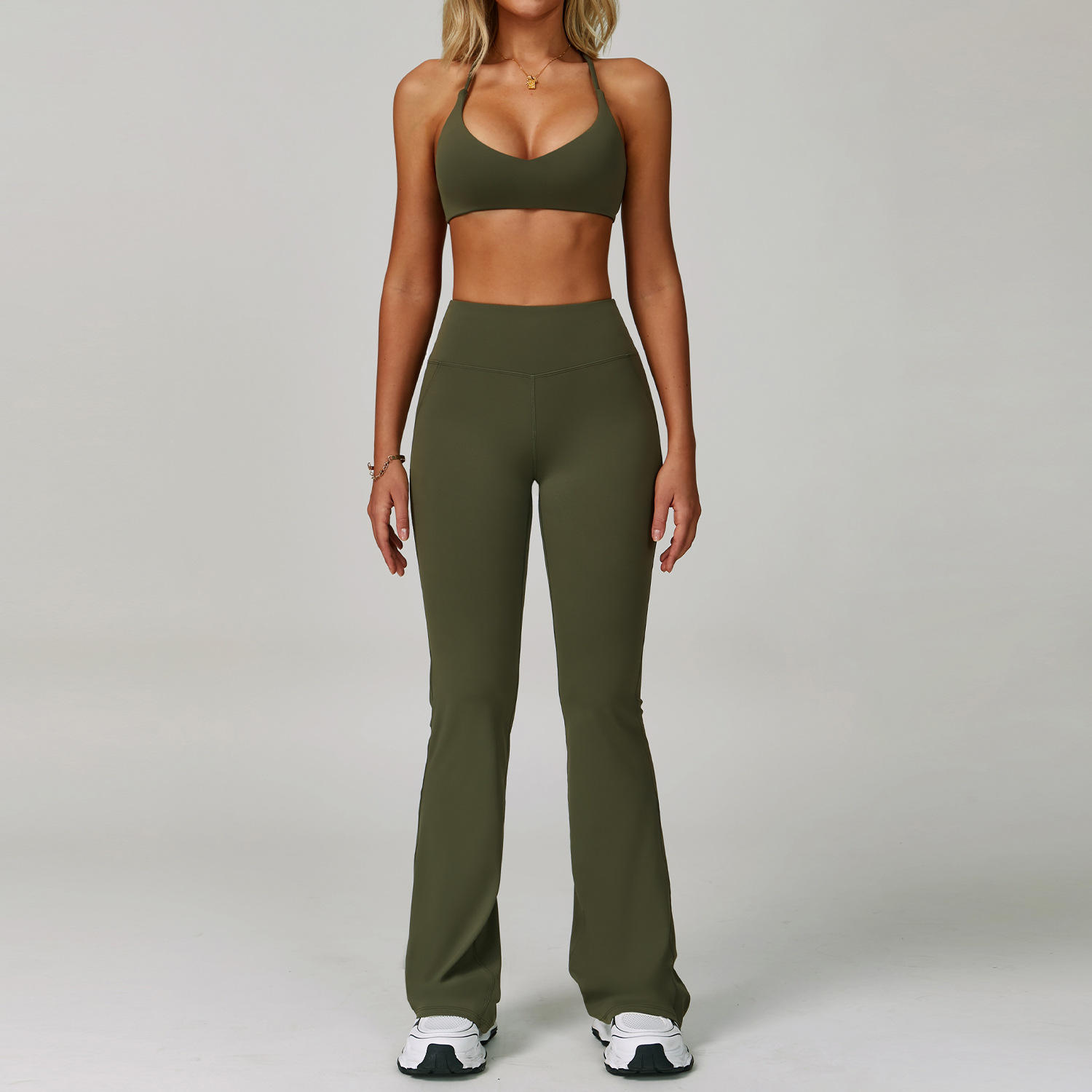Soutien-gorge à col suspendu + pantalon évasé (vert)