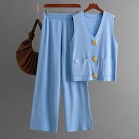 Ensemble assorti décontracté d'été respirant pour femme - Gilet boutonné en polyester/coton tricoté uni et pantalon large