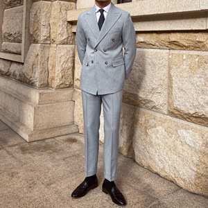 Herren High-End Naples Gestreifte Anzüge mit Faltenfront Business Slim Fit Set Reißverschluss Atmungsaktiv Spitzkragen Anzug - Product Image 4