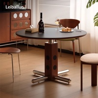 Table à manger circulaire de style médiéval rétro avec pieds en métal, plateau en bois massif et pierre, pour petits espaces, usage domestique, 6 places, assemblage requis