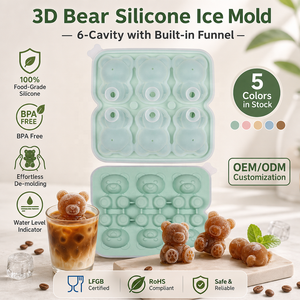 Molde de silicona para 6 bolas de hielo con forma de oso, venta al por mayor de fábrica, material de silicona, color personalizado, logotipo, caja de regalo, OEM ODM para cocina, bar, tienda - Product Image 3