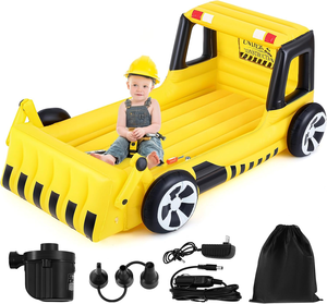 Cama inflable para niños con excavadora amarilla, cama de viaje para niños pequeños con parachoques de seguridad y colchón de aire, colchón de aire portátil con bomba - Product Image 1