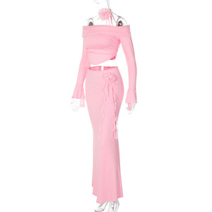 Viviblook Z323ST03 Ensemble Femme Été Tendance Sexy Top Court Sans Bretelles Manches Longues Jupe Moulante Deux Pièces - Product Image 4