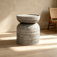 Table d'appoint en pierre stratifiée gris mat, forme empilable à deux volumes, en travertin brut poreux, table contemporaine en marbre neutre