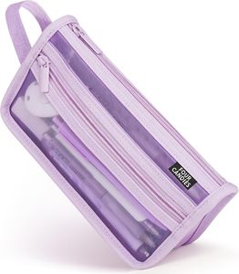 Estuche para lápices de doble capa transparente con cierre de cremallera y diseño de cuadrícula de cuatro compartimentos (rosa) - Ideal para viajes, uso en la oficina y la escuela para adultos - Product Image 6