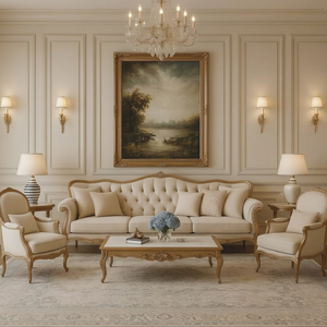 French Provincial Tufted <b>Sofa</b> Solid <b>Wood</b> <b>Frame</b> Upholstered Living Room Couch Beige Lounge Seating - Product Image 1