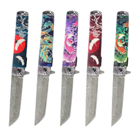 Couteau pliant de collection de style japonais, imprimé Ukiyo-e grue, dragon, phénix, manche en aluminium, lame Tanto à motif Damas 3cr13