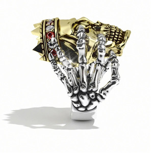 Anello da cocktail H153 Skeleton per uomo, tono oro, con zirconi cubici incastonati a pavé, anelli alla moda da regalo - Product Image 5